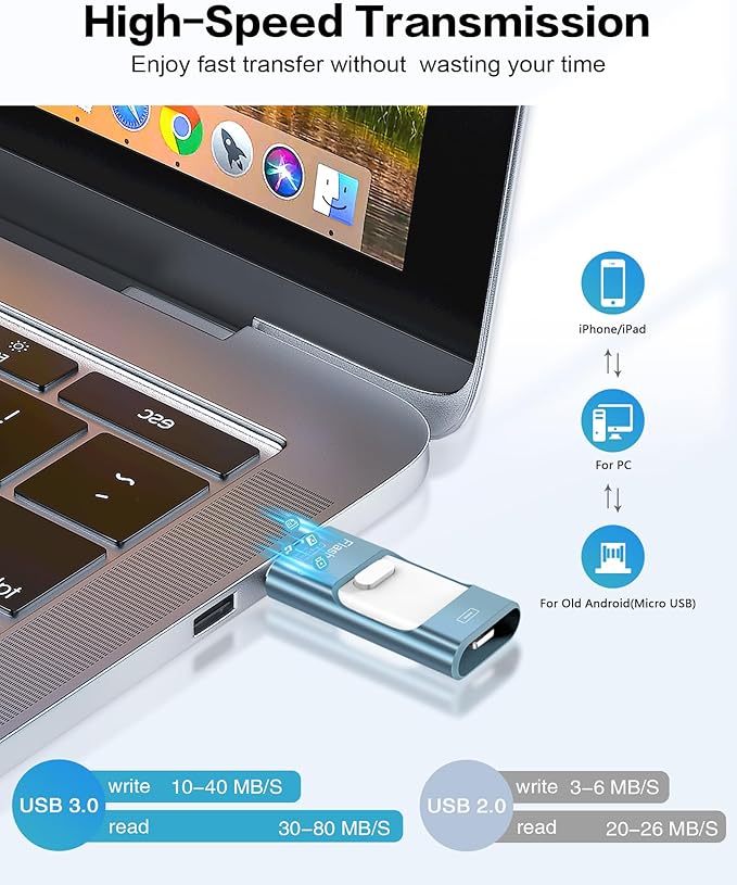 256GB Flash Drive for iPhone Photo Stick,Thumb Drive USB Stick High Speed Transfer USB Drives External Picture Video Storage Memory Expansion for iPhone/iPad/PC (Blue)