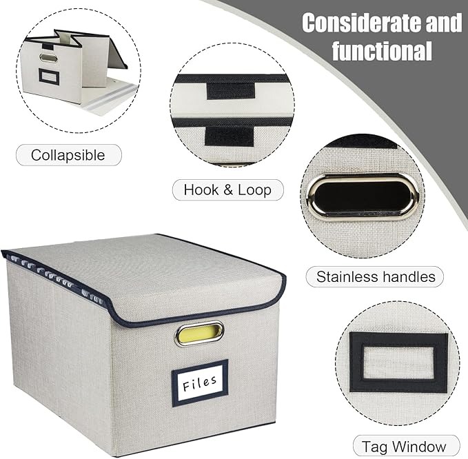 Collapsible File Organizer Box, filing Storage boxes for hanging files with lid, Linen Portable file folder box with handle, Decorative Document Storage Bins for Office/Home/School(Beige)