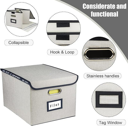 Collapsible File Organizer Box, filing Storage boxes for hanging files with lid, Linen Portable file folder box with handle, Decorative Document Storage Bins for Office/Home/School(Beige)