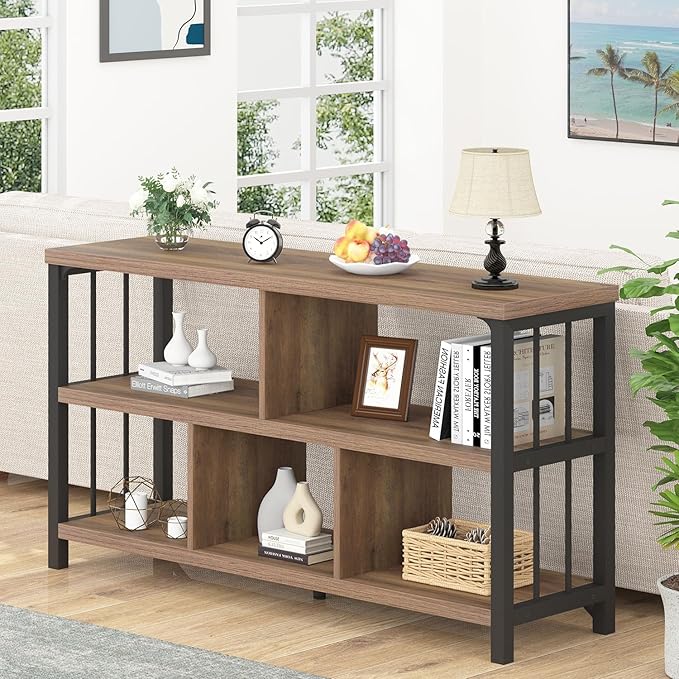IBF 5 Cube Storage Organizer, Industrial Low Horizontal Bookshelf, Modern Wide Wood and Metal Bookcase with Book Storage, Short Open Cubby Book Shelf for Office Bedroom Living Room, Rustic Oak, 47 in