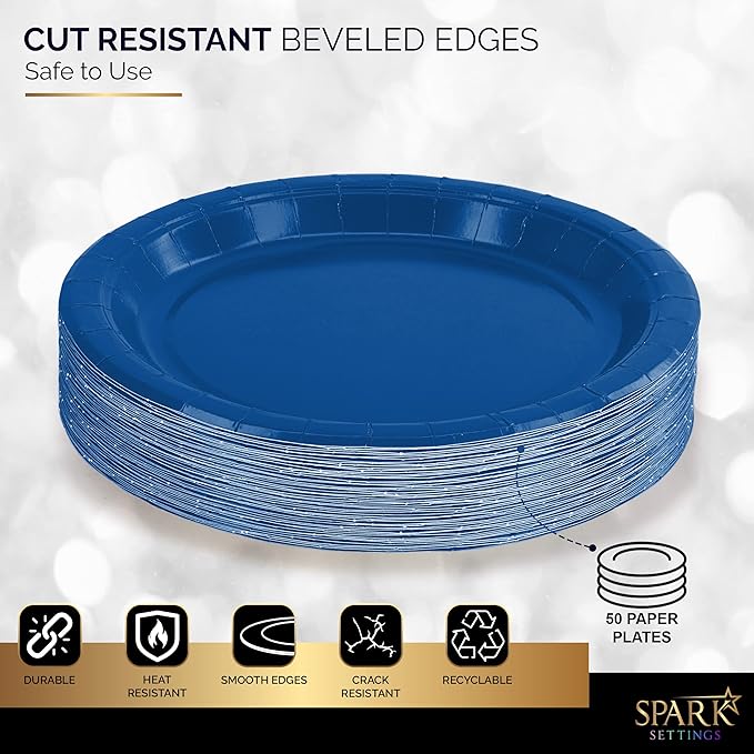 Disposable Paper Plates Royal Blue, 6 3/4 Inches Paper Dessert Plates, Strong and Sturdy Disposable Plates for Party, Dinner, Holiday, Picnic, or Travel Party Plates, Pack of 50