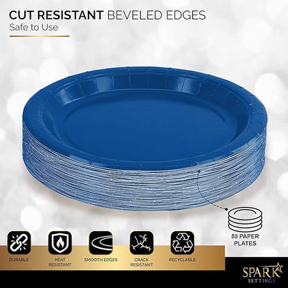 Disposable Paper Plates Royal Blue, 6 3/4 Inches Paper Dessert Plates, Strong and Sturdy Disposable Plates for Party, Dinner, Holiday, Picnic, or Travel Party Plates, Pack of 50