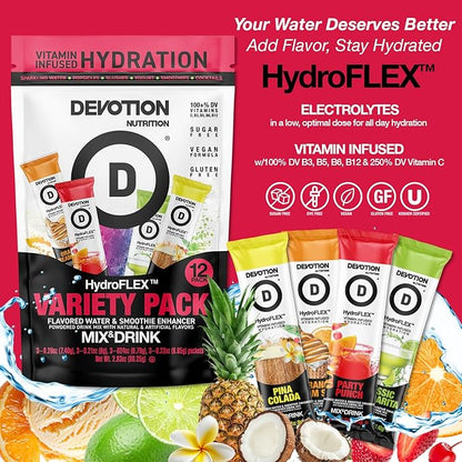 Devotion Nutrition HydroFLEX Packets | Vitamin Infused Hydration Powder | Water Enhancer Drink Mix | Sugar Free, Gluten Free, Vegan | 12 Pack (4 Flavor Variety)