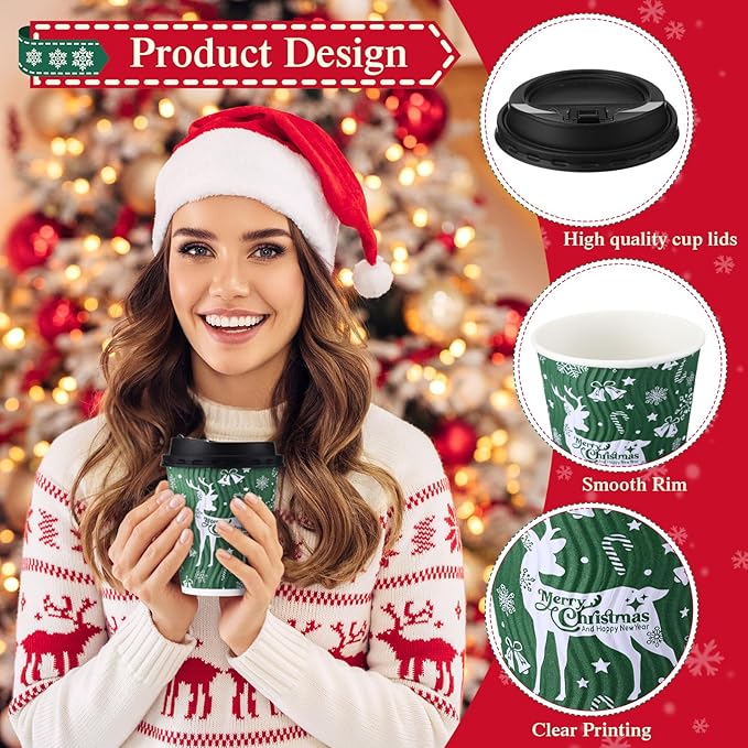 Foaincore 100 Sets Christmas Disposable Coffee Cups 12 oz Insulated Ripple Wall Paper Cup with Lid, Xmas Disposable Coffee Espresso Cups for Tea Cold Hot Drinking Party Supplies (Warm)