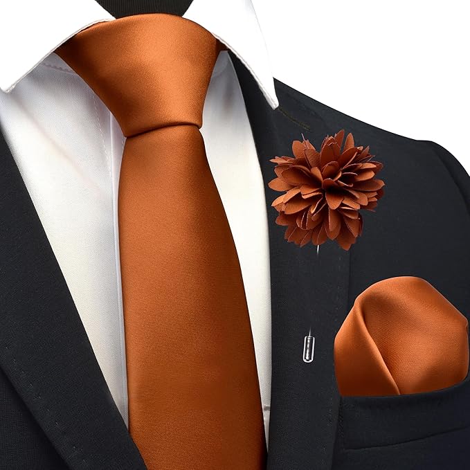 Branduce 3.15"（8cm） Pre-tied Adjustable Zipper Tie and Lapel Pin Solid Necktie Handkerchief Set for Men