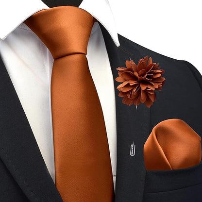 Branduce 3.15"（8cm） Pre-tied Adjustable Zipper Tie and Lapel Pin Solid Necktie Handkerchief Set for Men