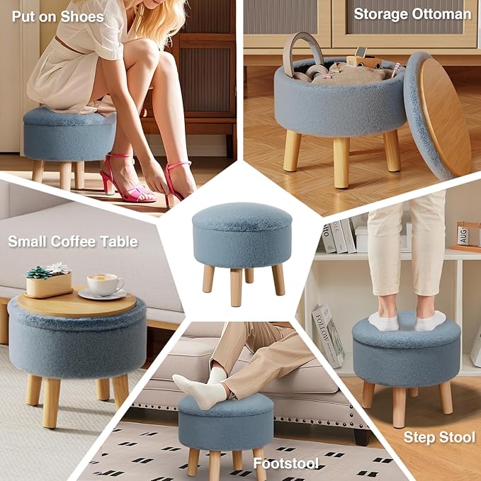 Poofzy Small Ottoman with Storage, Small Foot Stool Ottoman with Wood Legs, Faux Fur Foot Rest for Couch, Living Room and Bedroom - Smog Blue
