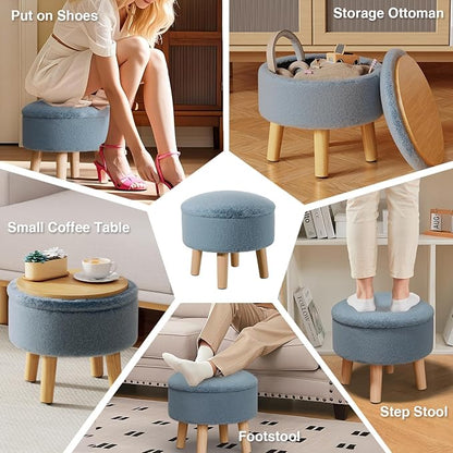 Poofzy Small Ottoman with Storage, Small Foot Stool Ottoman with Wood Legs, Faux Fur Foot Rest for Couch, Living Room and Bedroom - Smog Blue