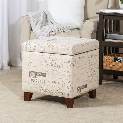 Adeco Fabric Script Pattern Cube Storage Footstool, Hinged Lid, Solid Wood Legs, 18" Height Ottomans & Storage Ottomans, Cream White