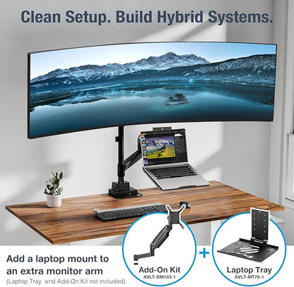 AVLT Single 57 Inch Heavy Duty Monitor Arm Pole Top Mount with USB-C USB-A Ports-Black, Height Adjustable, Easy Install Top C-Clamp/Grommet with Reinforcement Plates, VESA Compatible 200/100/75