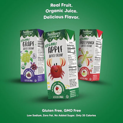 Sunberry Farms Organic Variety Pack Juice Boxes 6.75 fl oz (36 Pack) | Apple, Fruit Punch & Grape | USDA Organic Kids Drinks | No Artificial Flavors or Colors | Lunch Box Ready | Shelf-Stable