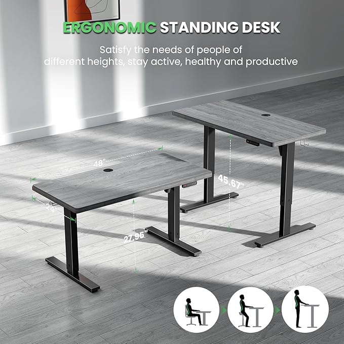 SIAGO Electric Standing Desk Adjustable - 48 x 24 Inch Sit Stand up Desk with Cable Management - 3 Memory Preset Adjustable Height Table