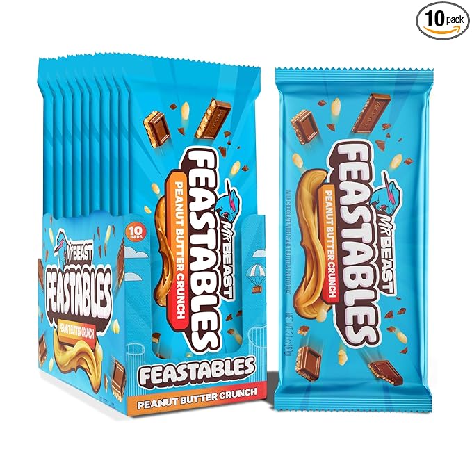 Feastables MrBeast Peanut Butter Milk Chocolate Crunch Chocolate Bar, King Size Candy Bar for Adults & Kids, Candy Bars for Snacks, Gifts, Dessert, Sweet & Creamy Fairtrade Cocoa, 2.1 Oz Ea, 10 Count