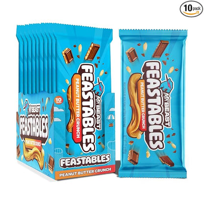 Feastables MrBeast Peanut Butter Milk Chocolate Crunch Chocolate Bar, King Size Candy Bar for Adults & Kids, Candy Bars for Snacks, Gifts, Dessert, Sweet & Creamy Fairtrade Cocoa, 2.1 Oz Ea, 10 Count