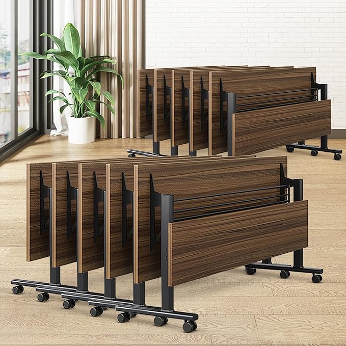 Conference Room Table, 55 Inch Folding Conference Tables with Wheels, Modern Office Meeting Table, Easy Flip & Nest Design, Rectangular Seminar Tables with Metal Frame for 2-24 People(D 10PCS)
