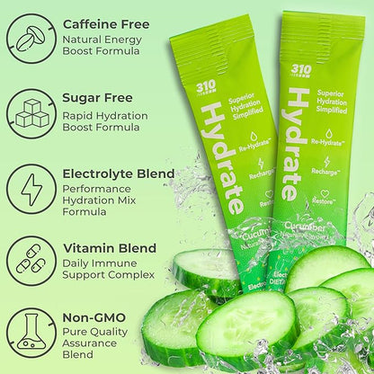 310 Nutrition Sugar Free Electrolytes Powder - Instant Hydration Packets for Daily Fluid Balance - Caffeine-Free Rehydration Drink Mix w/Vitamins, Low Calorie & Keto Friendly - Cucumber 15 Singles