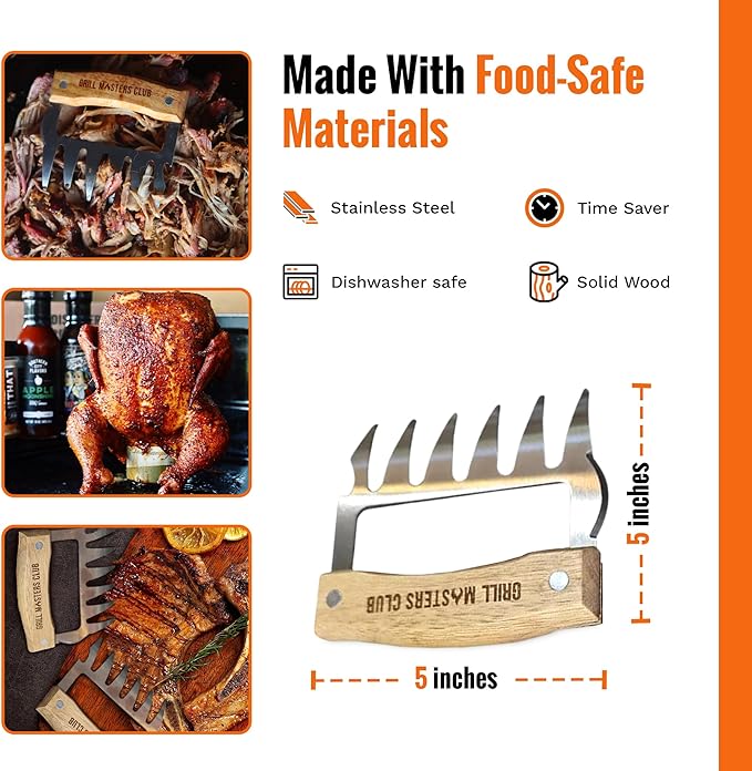 Grill Masters Club Meat Claws | Stainless Steel Pulled Pork Shredding Claws with Wooden Handle | BBQ Meat Claw for Shredding, Lifting & Serving Pork, Brisket | Perfect Grilling Gift for Men & Women