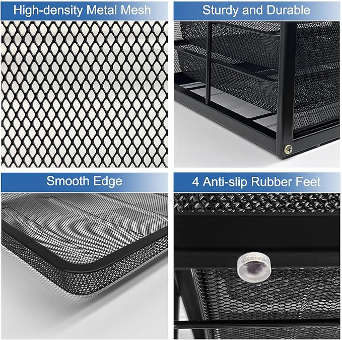 Natwind Mesh Desk Organizer with 4 Tier Sliding Drawers, Office Supplies Desktop Organizers and Accessories Stationery Storage, Paper Sorter, File Binder Organizer for Home Office School,Black