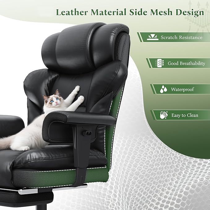 Office Chair with High Back,28.7" Deep Seat,Big and Tall Executive Leather Office Chair with Foot Rest & Arms,Reclining Desk Chair Ergonomic with Lumbar Support for Home Office,Blcak
