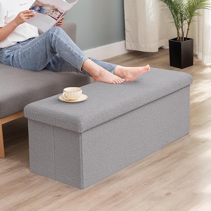 43 Inches Storage Ottoman Bench - Square Ottoman with Sherpa Top,Storage Bench for Bedroom,43" L x 15" W x 15" H - Grey