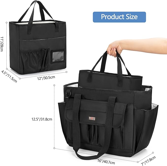 LoDrid File Tote Bag with Extra Document Organizer Case for Letter Size File Folders, Large Utility Bag with 15.6” Laptop Padded Sleeve for Work, Business, Black