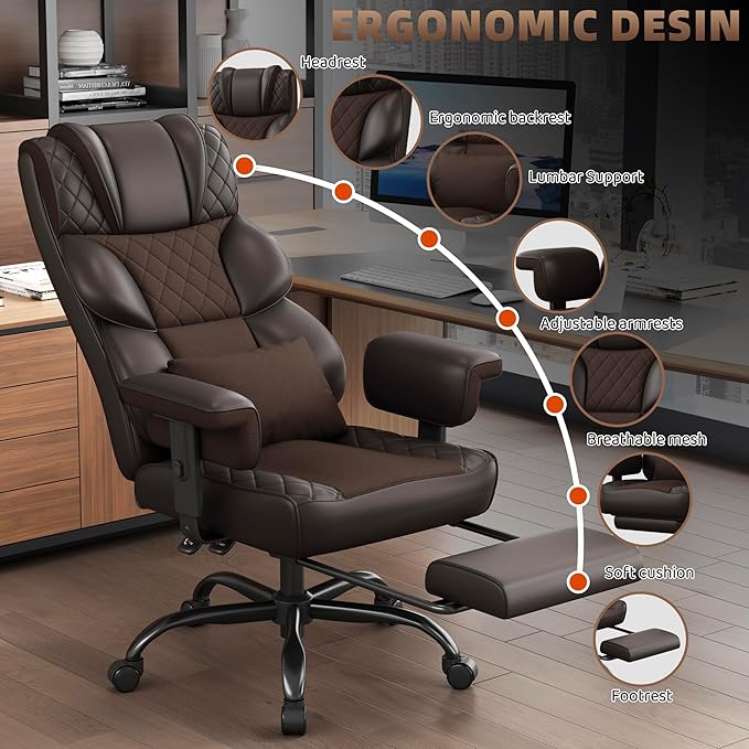 Vonesse Big and Tall Office Chair, Computer Chair with Soft Adjustable Armrests, Ergonomic High Back Gaming Chair with Lumbar Support, Executive Chairs with Footrest (PU Leather + Mesh Fabric,Brown)