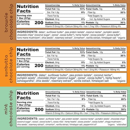 Feel Vegan Protein Bars | Chocolate Lovers | Keto | Gluten Free | Organic | Lions Mane | Chaga | Ashwagandha | 15g Protein | Low Sugar | Non GMO | Sunbutta + Brownie + Mint - 9 Pack