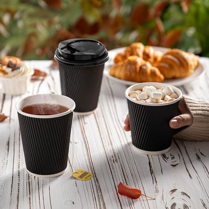 Fit Meal Prep 100 Pack 12 oz Black Disposable Coffee Cups with Lids & Stirrers, Corrugated Triple Wall To Go Hot Cups, Insulated Paper Coffee Cups for Hot Beverages, Travel, Home, Office (Black Lids)