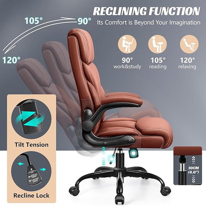 Office Chair, Ergonomic Big and Tall Computer Desk Chairs, Executive Breathable Leather Chair with Adjustable High Back Flip-up Armrests, Lumbar Support Swivel PC Chair with Rocking Function