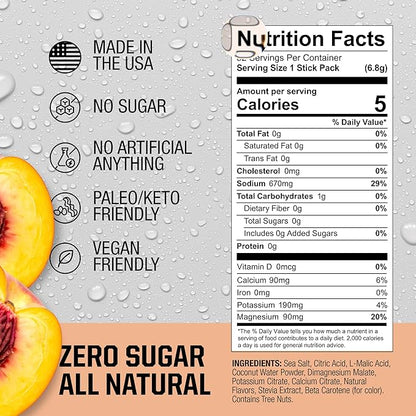 Fire Science Fire Salt Hydration Sticks, Electrolytes & Coconut Water, Hydration Drink Mix with Magnesium, Potassium & Sodium, Zero Sugar, Single Serve On The Go Packs, Vegan, Peach Flavor, 32 Count