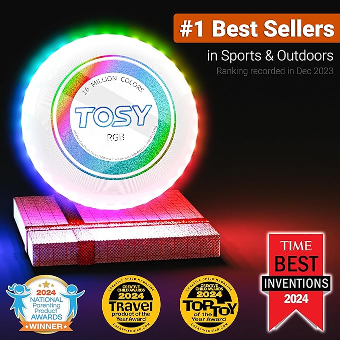 TOSY Flying Disc - 108 RGB Multicolor or 36 Monocolor LEDs, Super Bright, Smart Modes, Christmas Stocking Stuffers Gift, Camping Toy for Kid/Teen/Adult, Auto Light Up, Rechargeable, Waterproof, 175g