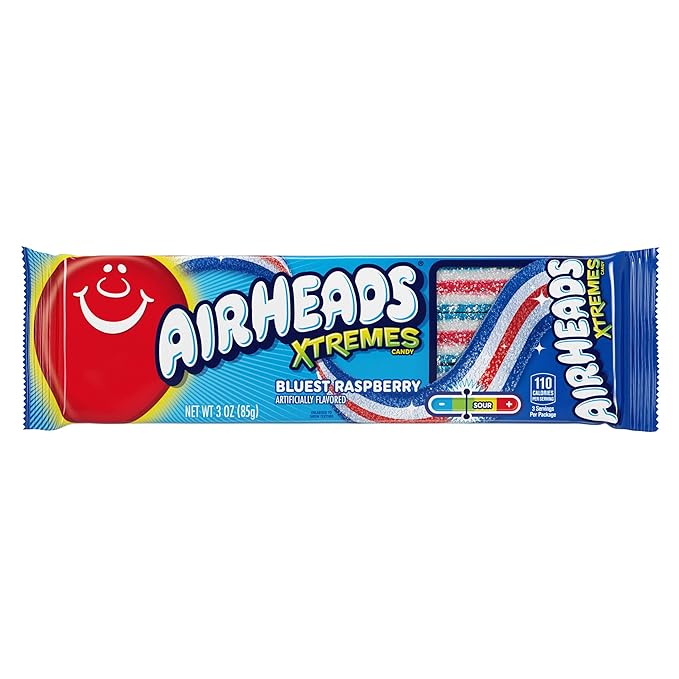 Airheads Xtremes Belts, Halloween Trick or Treat Sweetly Sour Candy, Bluest Raspberry Flavor,Individually Wrapped Bulk Candy for Adults & Kids, Non-Melting, Movie Theater, 3 oz Packs(Box of 12 Packs)