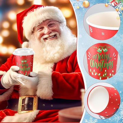 CHENGU 100 Set 16 oz Christmas Disposable Coffee Cups with Lids Lime Green Christmas Paper Cups for Hot Cocoa Chocolate Tea Green Elf Holiday Xmas Dinner Party Supplies