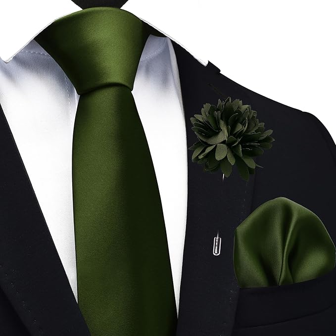 Branduce 3.15"（8cm） Pre-tied Adjustable Zipper Tie and Lapel Pin Solid Necktie Handkerchief Set for Men