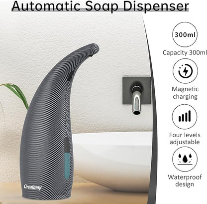 Adjustable Automatic Soap Dispenser Touchless, 4 Adjustable Levels Touchless Sensor Liquid Soap Pump Dispenser，300ml Rechargeable Magnetic Charging Hand Soap Dispenser for Kitchen，Bathroom