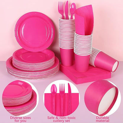 durony 350 Pieces Hot Pink Paper Dinnerware Set 7 Inch 9 Inch Disposable Dinner Plates Serve 50 Guests Paper Cup Cutlery Napkins Solid Color Party Supplies for Birthday Wedding Party Family Picnic