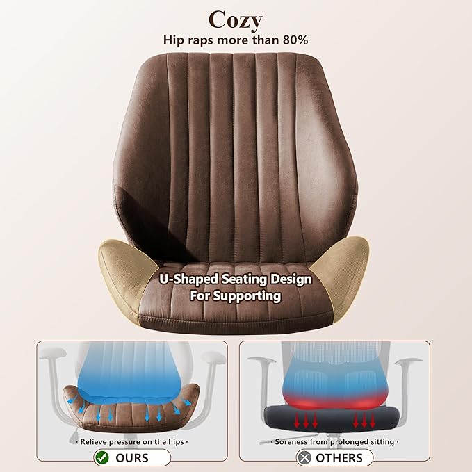 Mid Century Modren Office Chair - Fuax Leather Suede Brown Executive Chairs Ergonomic Mid Back with Lumbar Support, Swivel Computer Desk Task Chair with Wheels for Home Office (Dark Brown, Mid Back)