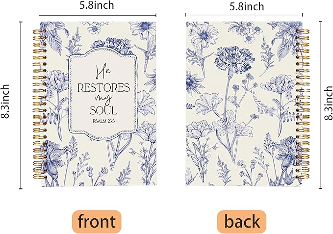 Christian Notebook for Women, Christian Art Gifts Journal, Prayer Journal for Women, Bible Journaling Notebook, PSALM 23:3 He Restores My Soul Floral Spiral Notebook 5.5x8.3