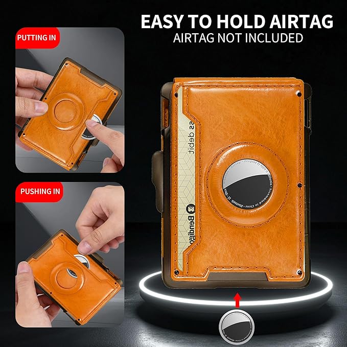 Compatible with Air Tag Wallet for Men, RFID Blocking Slim Minimalist Bifold Wallet with Pop Up Aluminum Card Case, Leather Credit Card Holder with Money Clip & ID Window, Holds 9–12 Cards, (brown)
