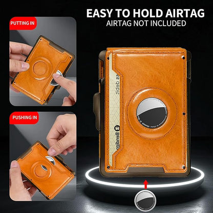Compatible with Air Tag Wallet for Men, RFID Blocking Slim Minimalist Bifold Wallet with Pop Up Aluminum Card Case, Leather Credit Card Holder with Money Clip & ID Window, Holds 9–12 Cards, (brown)