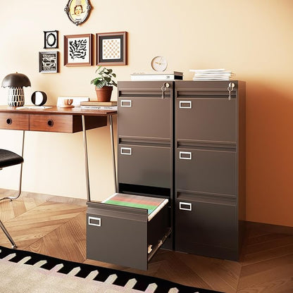 3 Drawer Metal File Cabinet with Lock, Small Locking Filing Cabinets, Vertical File Cabinet with Key, Black Under Desk Filing Cabinets for Home Office