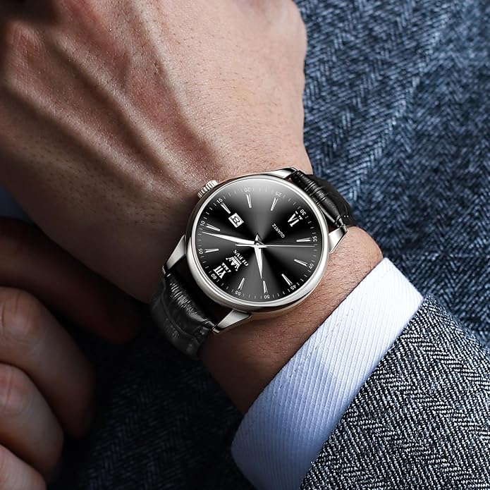 OLEVS Mens Watches, Dress Waterproof Classic Analog Casual Luxury Wrist Watch for Men with Date, Easy to Read Relojes para Hombres Male Quartz Wristwatch with Brown Black Leather Band Blue Black Dial