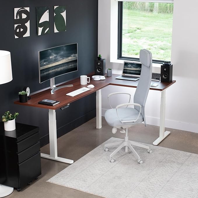 VIVO Electric 78 x 55 inch Square Corner Memory L Shaped Stand Up Desk, Dark Walnut Table Top, White Frame, Corner Height Adjustable Workstation, 3E-S Series, DESK-KIT-3E5SWD