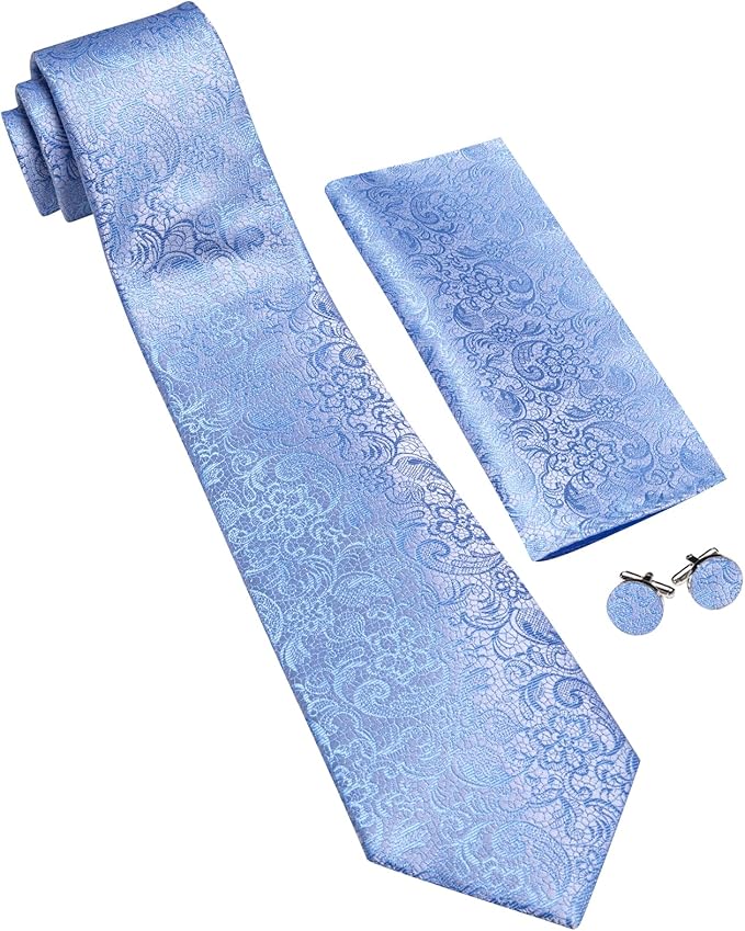 Barry.Wang Tie Sets for Men Silk Solid Necktie Stain Ties Handkerchief Pocket Square Cufflinks Wedding Business Dyed