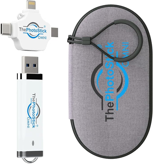 ThePhotoStick® Omni 32GB + Protective Case | Secure Photo & Video Backup and Transfer | Digital File Organization | USB & Multiport Connection for Phones, Tablets and Computers | Water Resistant Case