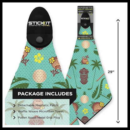 STICKIT Magnetic Golf Towel, Teal Tiki | Top-Tier Microfiber Golf Towel with Deep Waffle Pockets | Industrial Strength Magnet for Strong Hold to Golf Carts or Clubs