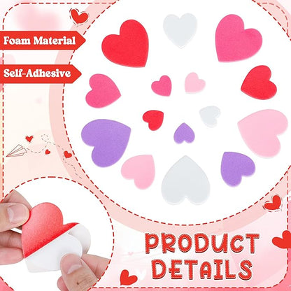 300 PCS Valentines Heart Stickers, Foam Stickers, Matte Valentines Crafts, Self-Adhesive Heart Foam Stickers 5 Colors Valentine Foam Adults Valentine's Presents