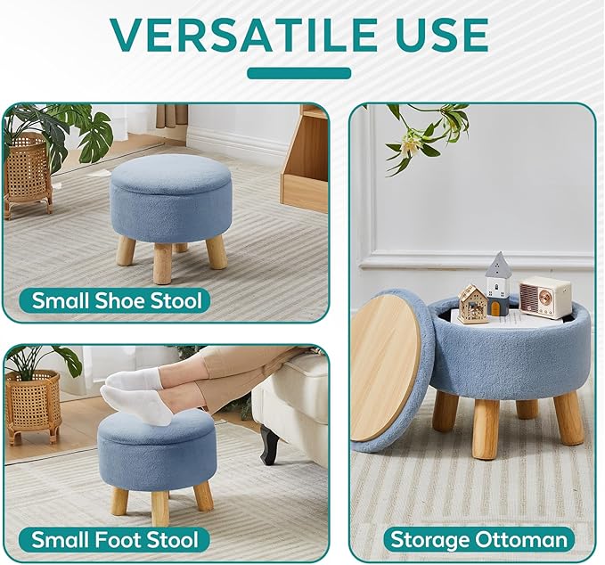 Small Foot Stool Ottoman with Storage, Faux Fur Ottoman Foot Rest for Couch, Round Footstool with Storage, Small Ottomans and Footstools for Living Room and Entryway (Light Blue)