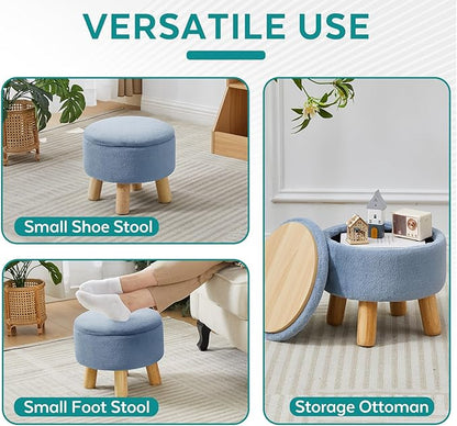 Small Foot Stool Ottoman with Storage, Faux Fur Ottoman Foot Rest for Couch, Round Footstool with Storage, Small Ottomans and Footstools for Living Room and Entryway (Light Blue)