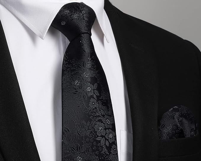 HISDERN Men Floral Ties Woven Classic 3.4" Necktie Set Formal Tie Pocket Square for Wedding with Handkerchief Gift Box